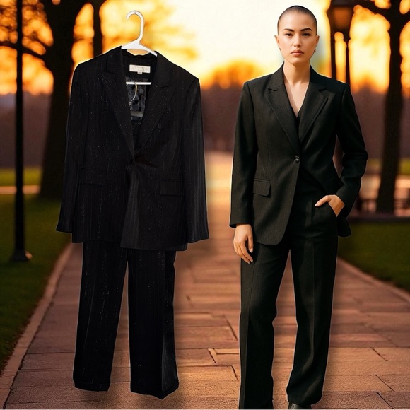 Elegant Tahari ASL Size 12 Petite Black Silver Lurex Pinstripes Dressy Pantsuit - Picture 16 of 16
